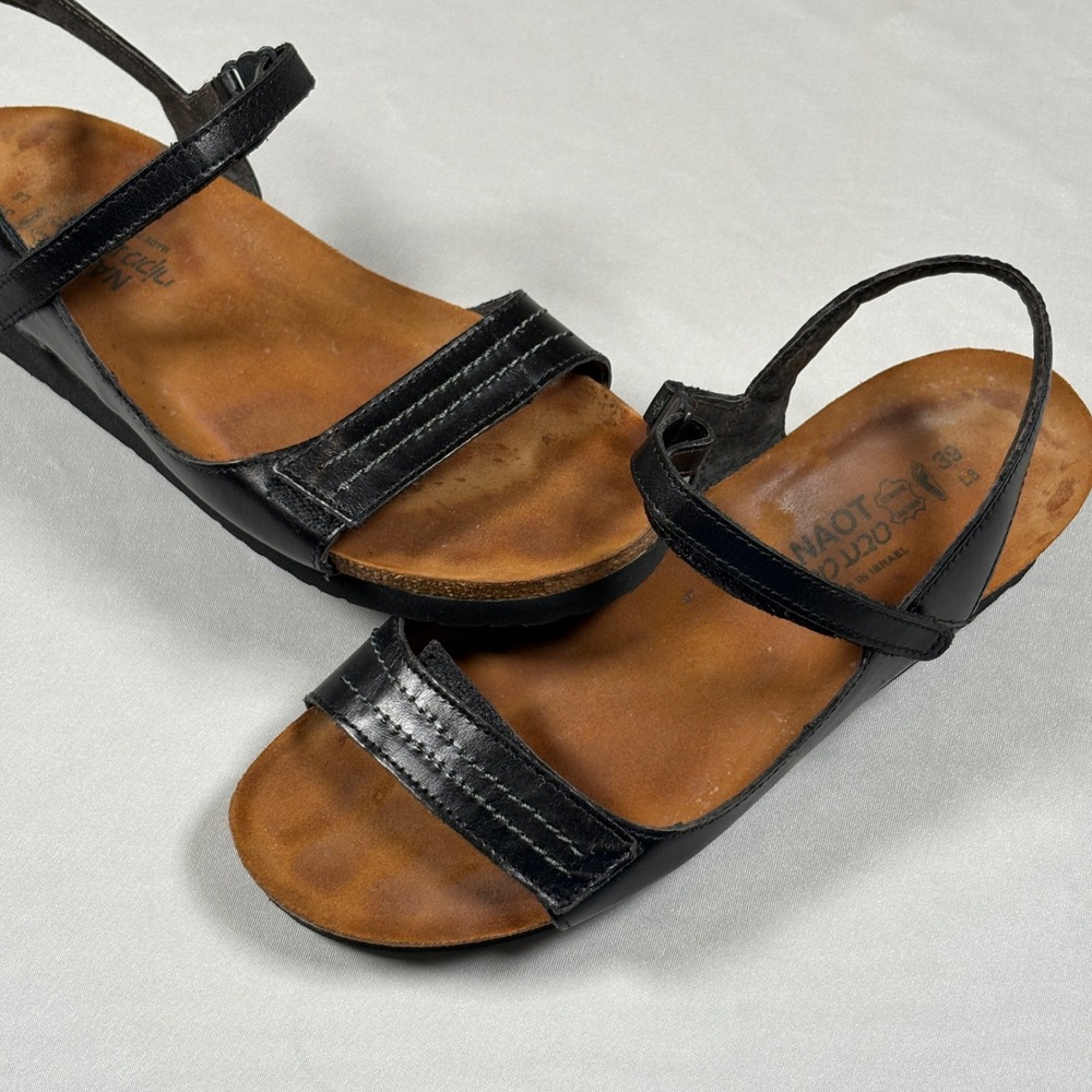 Naot Madison Women's Black Leather Hook Loop Low Wedge Sandals Size 39 L8 US 8